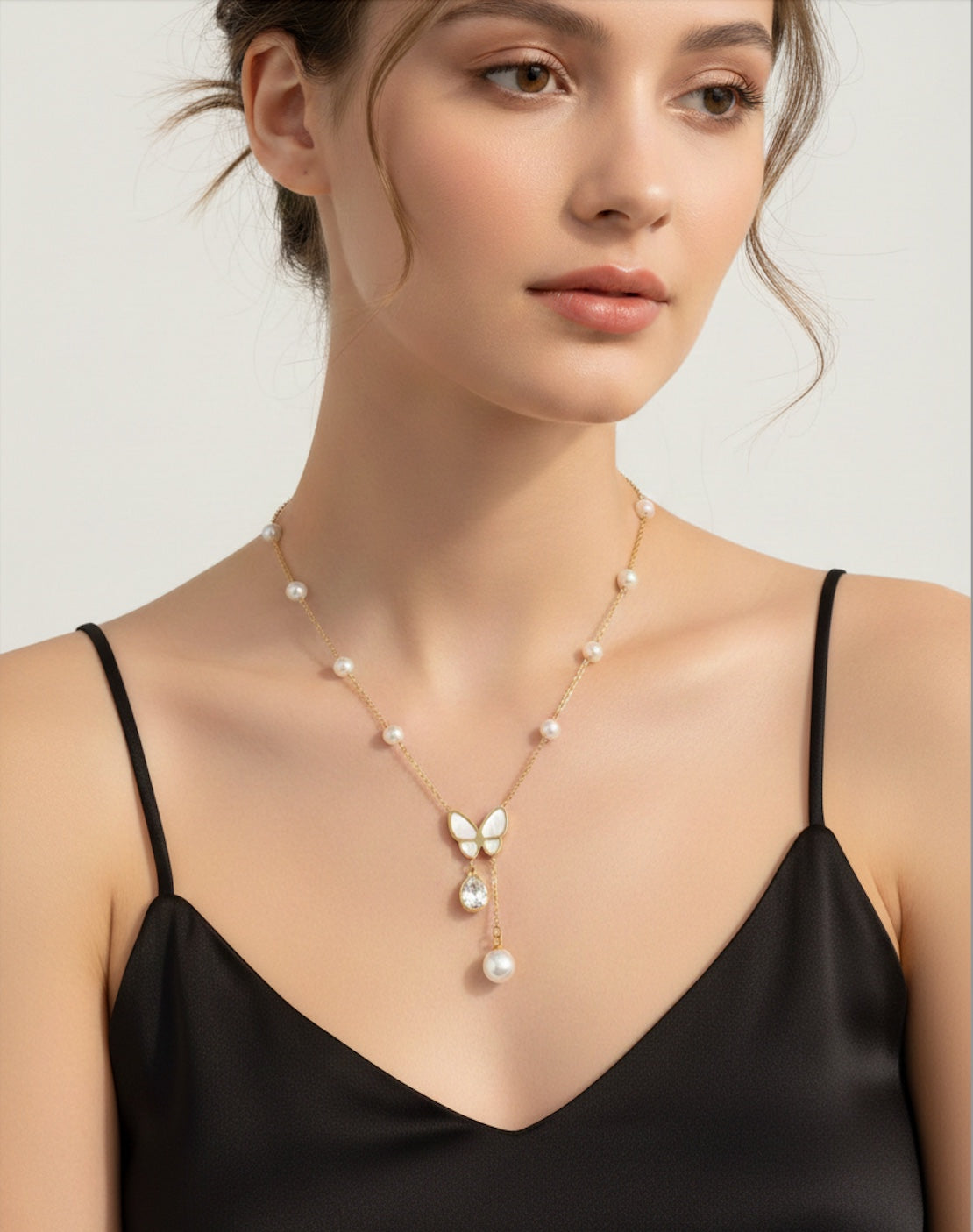 Gold Butterfly Pearl Drop Necklace
