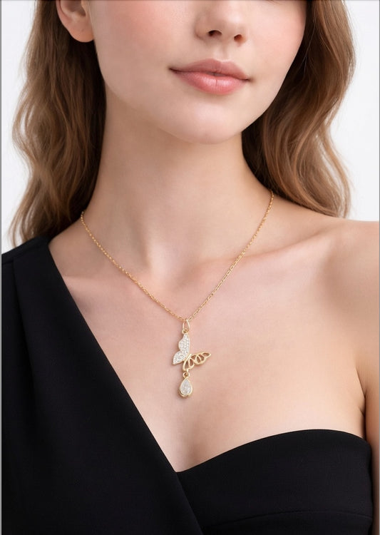 Dainty Gold Butterfly Teardrop Pendant Necklace