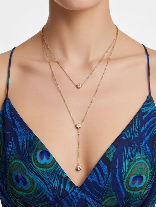 Double Layer Bezel Crystal Drop Necklace