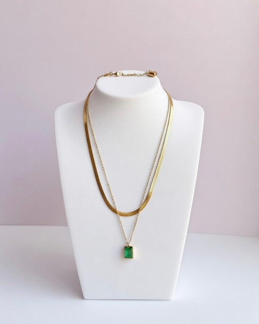 Elegant Layered Gold Necklace with Emerald Pendant