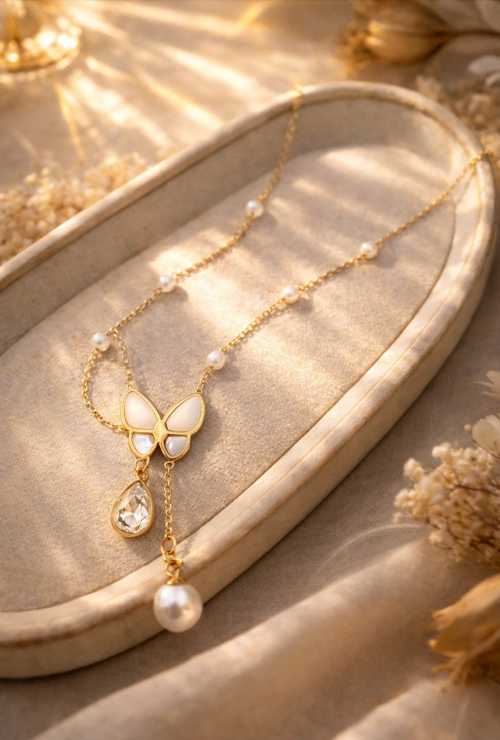 Gold Butterfly Pearl Drop Necklace