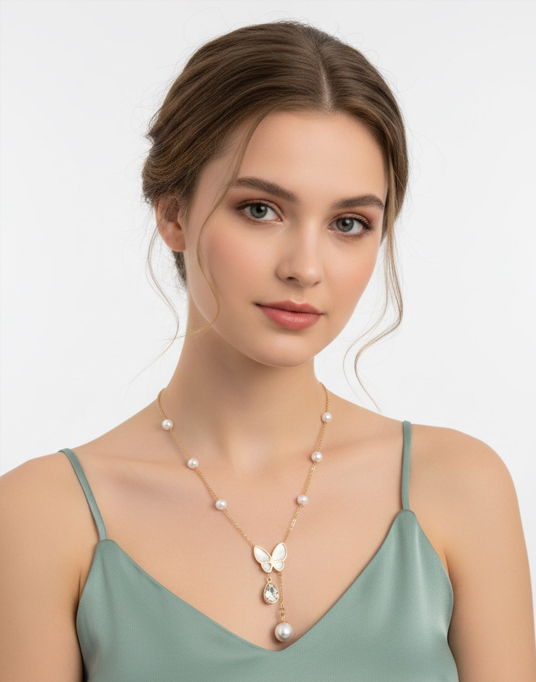 Gold Butterfly Pearl Drop Necklace
