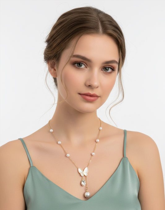 Gold Butterfly Pearl Drop Necklace