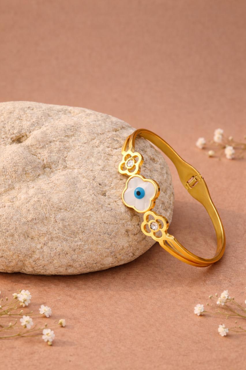 Gold Enamel Evil Eye Clover Motif Cuff Bracelet