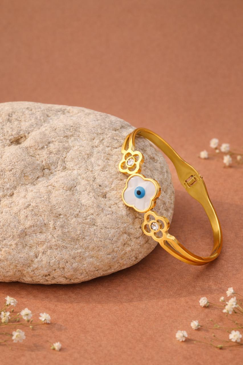 Gold Enamel Evil Eye Clover Motif Cuff Bracelet