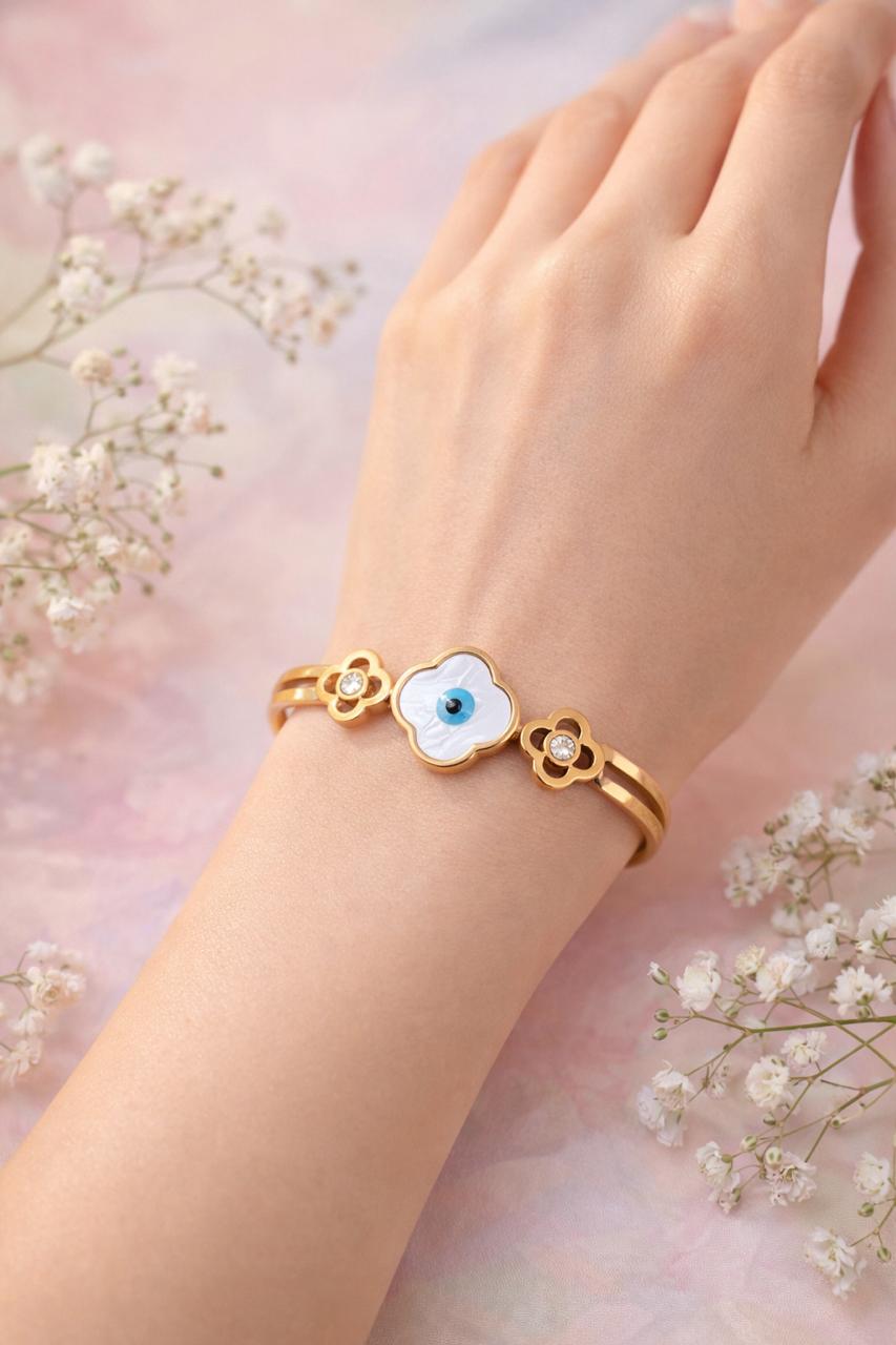 Gold Enamel Evil Eye Clover Motif Cuff Bracelet