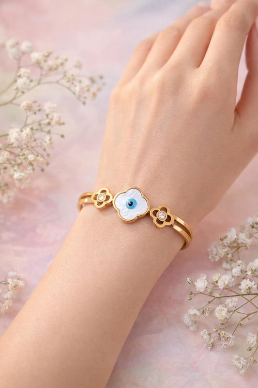 Gold Enamel Evil Eye Clover Motif Cuff Bracelet