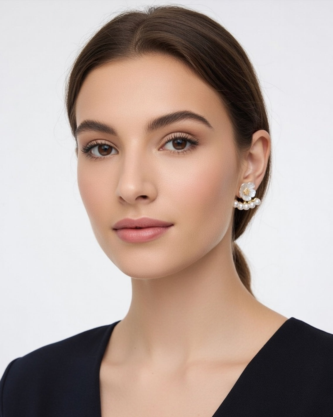 Elegant White Flower Pearl Crescent Earrings