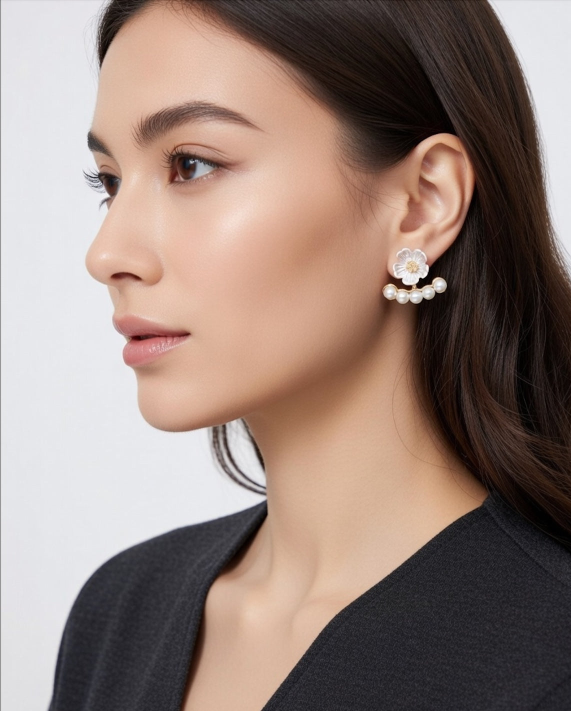 Elegant White Flower Pearl Crescent Earrings
