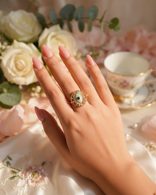 Celestial Evil Eye Sunburst Gold Ring